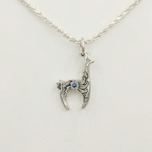 Load image into Gallery viewer,  Hand Engraved Llama Crescent Pendant with blue topaz gemstone - Sterling Silver      Sterling Silver