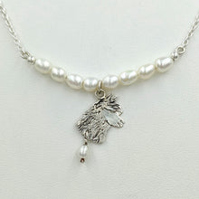 Load image into Gallery viewer, Alpaca Huacaya Freshwater Pearl Bar Necklace with Huacaya Head Charm and Pearl Dangle Accent - Sterling Silver