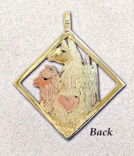 Load image into Gallery viewer, Custom  Diamond Shaped Pendant with a 14K Yellow Gold Llama Head, a 14K Rose Gold Huacaya Alpaca Head and a 14K White Gold Suri Alpaca Head also a 14K Rose Gold Heart Accent (Back Side)
