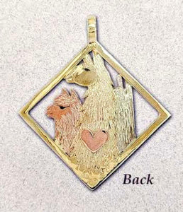 Custom  Diamond Shaped Pendant with a 14K Yellow Gold Llama Head, a 14K Rose Gold Huacaya Alpaca Head and a 14K White Gold Suri Alpaca Head also a 14K Rose Gold Heart Accent (Back Side)