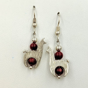 Llama Crescent Earrings With Red Gemstone Beads - Sterling Silver  Fiber and Shiny Finish on French Wires