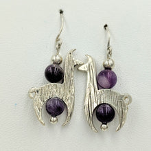 Load image into Gallery viewer, Llama Crescent Earrings With Amethyst Gemstone Beads - Sterling Silver  Fiber and Shiny Finish on French Wires