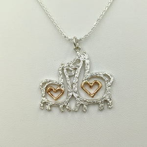 Alpaca or Llama Duo Open Heart Pendant - Sterling Silver with 14K Rose Gold Heart Accent Dangles