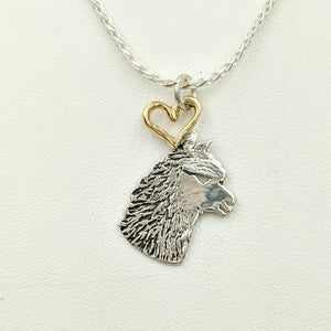 Alpaca Huacaya Silhouette Profile Pendant with Heart - Sterling silver with a 14K Rose Gold Heart