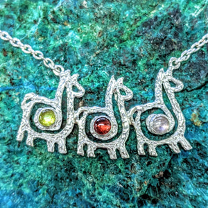 Alpaca or Llama Compact Spiral Bar Necklace with Cabochon Gemstones - 3 Animals