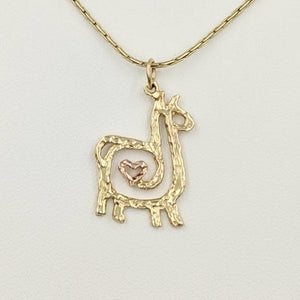 Alpaca or Llama Compact Spiral With Heart Pendant - 14K Yellow Gold with 14K Rose Gold accent. 