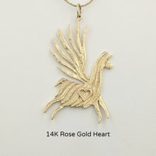 Load image into Gallery viewer, Alpaca or Llama Winged Soaring Spirit with Heart Pendant 14K Yellow Gold animal with 14K Rose Gold heart accent  fiber finish