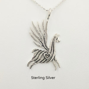 Alpaca or Llama Winged Soaring Spirit with Heart Pendant Sterling Silver