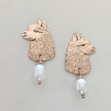 Load image into Gallery viewer, Alpaca Huacaya Head Silhouette Earrings with Pearl Dangle