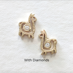 Alpaca or Llama Compact Spiral Earrings - Posts; 14K Yellow Gold with Diamond Accents
