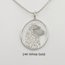 Load image into Gallery viewer, Alpaca Huacaya Head Open View Pendant - Classic open design with the unique silhouette of a Huacaya alpaca head. 14K White Gold.