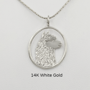 Alpaca Huacaya Head Open View Pendant - Classic open design with the unique silhouette of a Huacaya alpaca head. 14K White Gold.