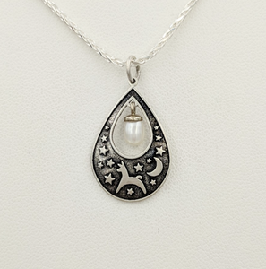 Alpaca or Llama Celestial Spirit Teardrop Pendant with Pearl  Sterling Silver with white freshwater pearl dangle