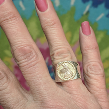 Load image into Gallery viewer, Llama Silhouette Profile Coin Ring - two tone 14K Gold Coin Accent  Decorative rim - shown on Woman's hand