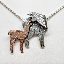 Load image into Gallery viewer, Alpaca Huacaya Kiss Pendant - Mother turning back to kiss her baby cria; Sterling Silver with 14K Rose Gold Baby Cria - Hidden Bail