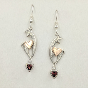 Custom Spirit Fiber Earrings - with 14K Rose Gold Heart Accents and Heart Shaped Garnet Dangles on French Wires