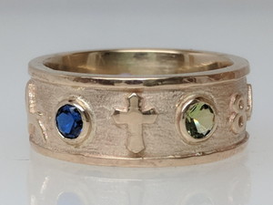 Custom Ring with various Symbols - Cross Icon - 14K Yellow Gold with Faceted Gemstone Accent