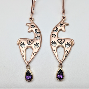 Custom Spirit Image  Earrings with Teardrop Amethyst Dangle Accents - 14K Rose Gold on French W