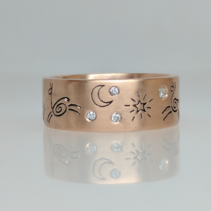 Custom Ring with Alpaca or Llama Icons - 14K Gold Rose Band with Diamond Accents Satin Finish (one view)