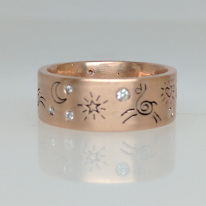 Custom Ring with Alpaca or Llama Icons - 14K Gold Rose Band with Diamond Accents Satin Finish (one view)