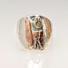 Load image into Gallery viewer, Custom Ring with Silhouette of Showstopper - Tami Lash's Champion Llama - Sterling Silver band with 14K Rose Gold Llama and 14K Yellow Gold hand with a diamond accent .in the 14K Yellow Gold hand