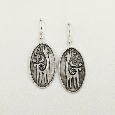 Alpaca or Llama Celestial Oval Earrings - Hammered rims  sterling silver on French wires