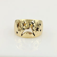 Load image into Gallery viewer, Alpaca or Llama Celestial Spirit Cigar Style Ring Wide 12MM  Hammered finish 14K Yellow Gold