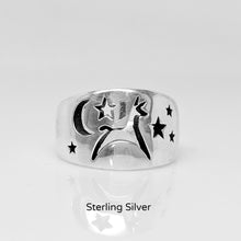 Load image into Gallery viewer, Alpaca or Llama Celestial Spirit Cigar Style Ring Wide 12MM  Smooth finish Sterling Silver