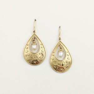 Alpaca or Llama Celestial Spirit Earrings - 14K Yellow Gold with white freshwater pearl dangle on French wires