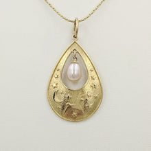 Load image into Gallery viewer, Alpaca or Llama Celestial Spirit Teardrop Pendant with Pearl  14K Yellow Gold with white freshwater pearl dangle