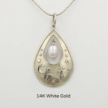 Load image into Gallery viewer, Alpaca or Llama Celestial Spirit Teardrop Pendant with Pearl  14K White Gold with white freshwater pearl dangle