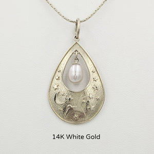 Alpaca or Llama Celestial Spirit Teardrop Pendant with Pearl  14K White Gold with white freshwater pearl dangle