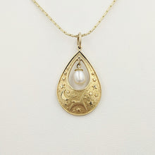 Load image into Gallery viewer, Alpaca or Llama Celestial Spirit Teardrop Pendant with Pearl  14K Yellow Gold with white freshwater pearl dangle