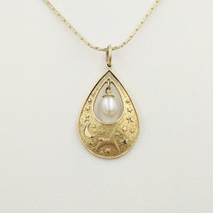 Alpaca or Llama Celestial Spirit Teardrop Pendant with Pearl  14K Yellow Gold with white freshwater pearl dangle