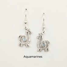 Load image into Gallery viewer, Alpaca or Llama Compact Spiral  Earrings with Aquamarine Gemstones - Sterling Silver on French Wires