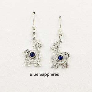 Alpaca or Llama Compact Spiral  Earrings with Blue Sapphire Gemstones - Sterling Silver on French Wires
