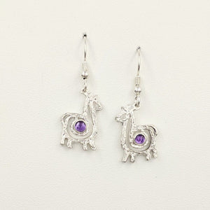 Alpaca or Llama Compact Spiral  Earrings with Amethyst Gemstones - Sterling Silver on French Wires