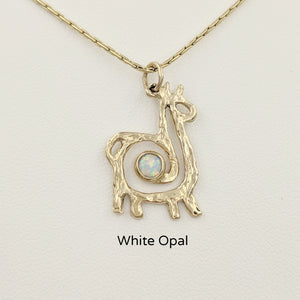 Alpaca or Llama Compact Spiral Pendant with Gemstone - 14K Yellow Gold with White Opal