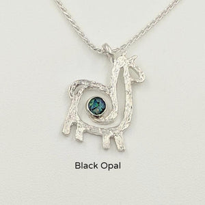 Alpaca or Llama Compact Spiral Pendant with Gemstone - Sterling Silver with Black Opal