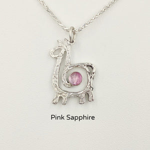 Alpaca or Llama Compact Spiral Pendant with Gemstone - Sterling Silver with Pink Sapphire