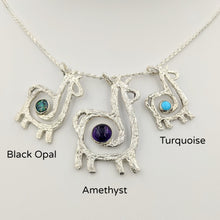 Load image into Gallery viewer, Alpaca or Llama Compact Spiral Pendant with Gemstone - Sterling Silver with Black Opal, Amethyst, and Turquoise (3 pendants shown)