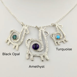 Alpaca or Llama Compact Spiral Pendant with Gemstone - Sterling Silver with Black Opal, Amethyst, and Turquoise (3 pendants shown)