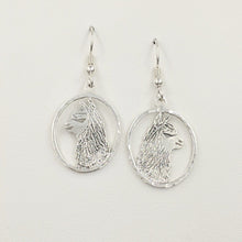 Load image into Gallery viewer, Alpaca Huacaya head silhouette oval dangle earrings - Sterling silver with hammered rim 