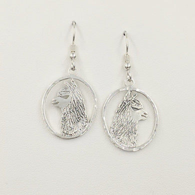 Alpaca Huacaya head silhouette oval dangle earrings - Sterling silver with hammered rim 