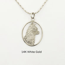 Load image into Gallery viewer, Alpaca Huacaya Head Open View Pendant - Classic open design with the unique silhouette of a Huacaya alpaca head. 14K White Gold.