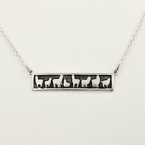 Alpaca Huacaya Herd Line Bar Necklace -  Sterling Silver; Fully oxidized for accent