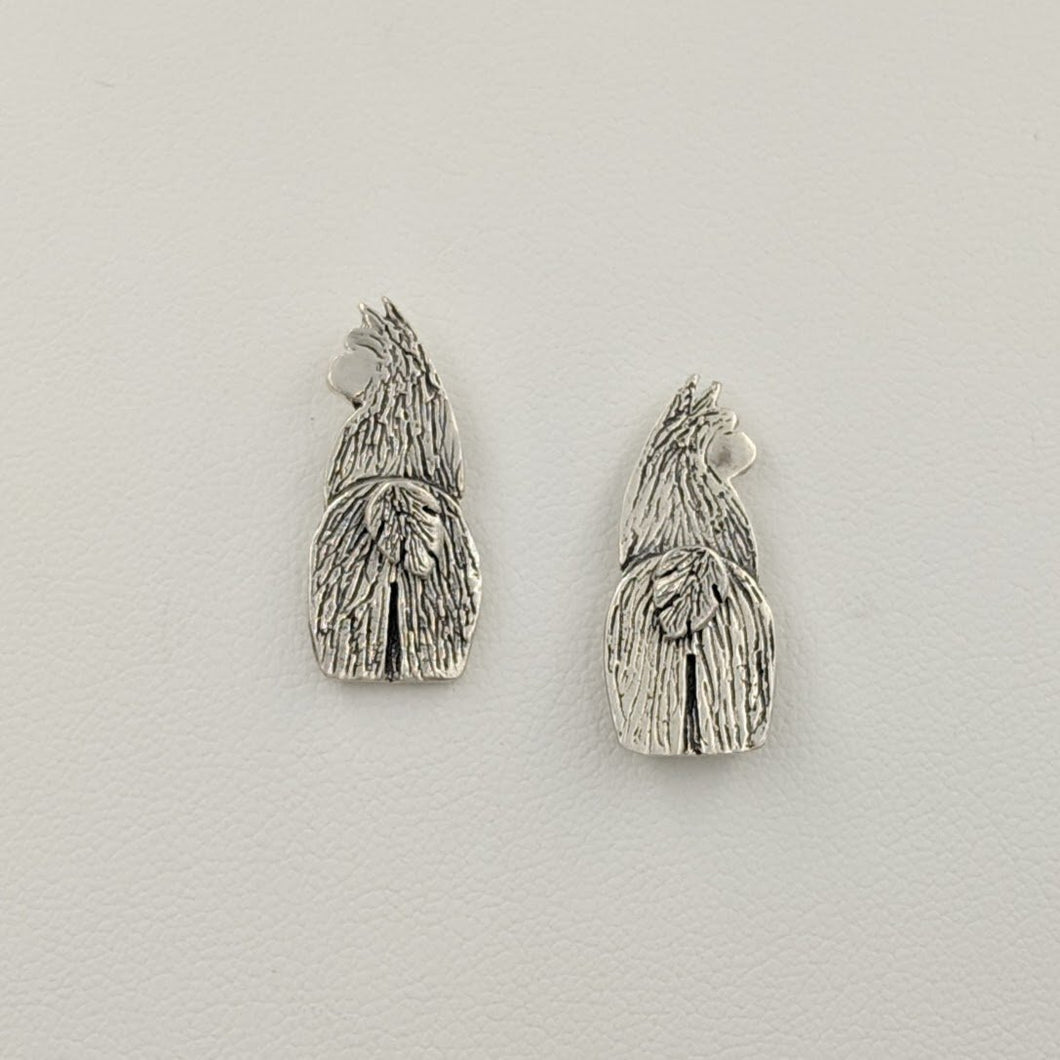 View from behind -Sterling Silver Swoosh Tush  Alpaca Huacaya Earrings with Sterling Silver tails on posts