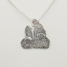 Load image into Gallery viewer, Alpaca Huacaya Kush Kiss Swoosh Tush Pendant - Mother and baby cria are kushed and touching noses and the tails actually move; Sterling Silver