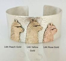 Load image into Gallery viewer, Alpaca Huacaya Tri-Head Cuff  Bracelet - Sterling Silver band with 14K Peach, Yellow and Rose Gold Animal Profiles