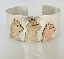Load image into Gallery viewer, Alpaca Huacaya Tri-Head Cuff  Bracelet - Sterling Silver band with 14K Peach, Yellow and Rose Gold Animal Profiles